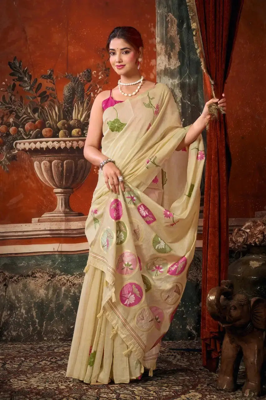Beige Jacquard Weaving Saree Cotton zari border close-up – metallic zari on beige cotton | KS313 Kalyanja
